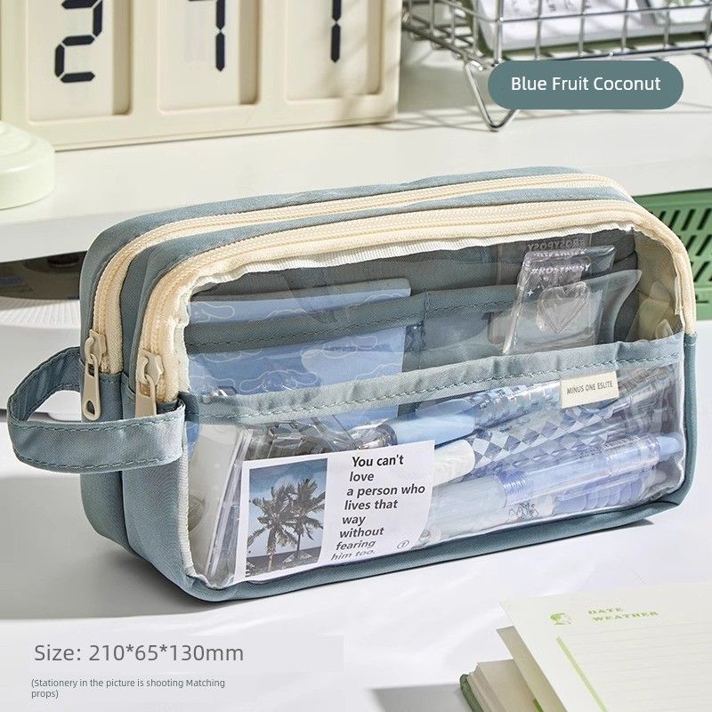 

Grade Three Class Two Large Capacity Pencil Case Transparent Good-looking Girl Simple Stationery Box Pencil Box Boy Stationery Case Blue Fruit Coconut