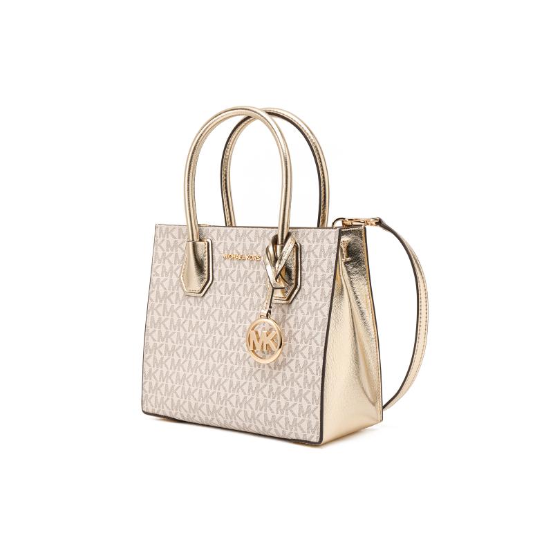 MICHAEL KORS Mercer Signature Logo Metal Organ Coated Canvas Shoulder Crossbody Bag Medium Women's Vanilla