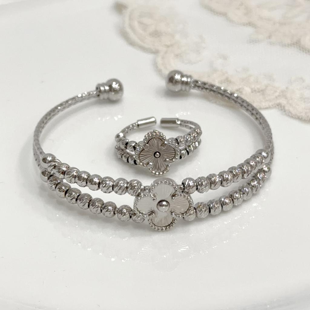 2PCS18K Gold Women's High-end Non Fading Jewelry Ins Four Leaf Clover Pure Copper Bracelet Ring Set