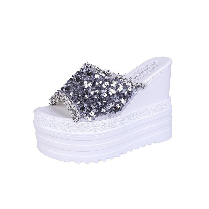 Women's Fashion Platform Slippers Designer Wedge Sandals Elegant Sequins Summer Party Shoes