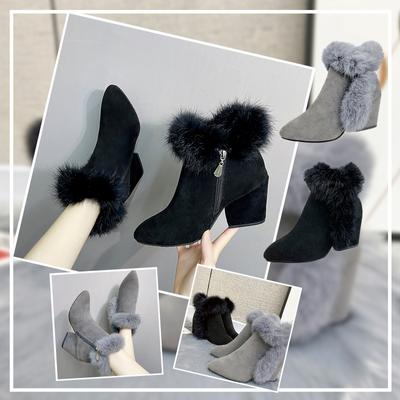 Boots For Women Winter And Autumn  Pointed Toe Feather Splicing Solid Shoes