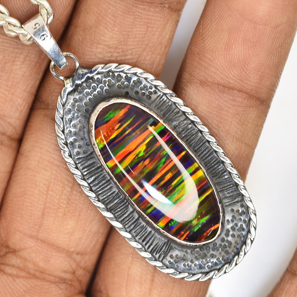Natural Opal Necklace Fire 43 ct Multicolor 925 Sterling Silver October Birthday Birthstone