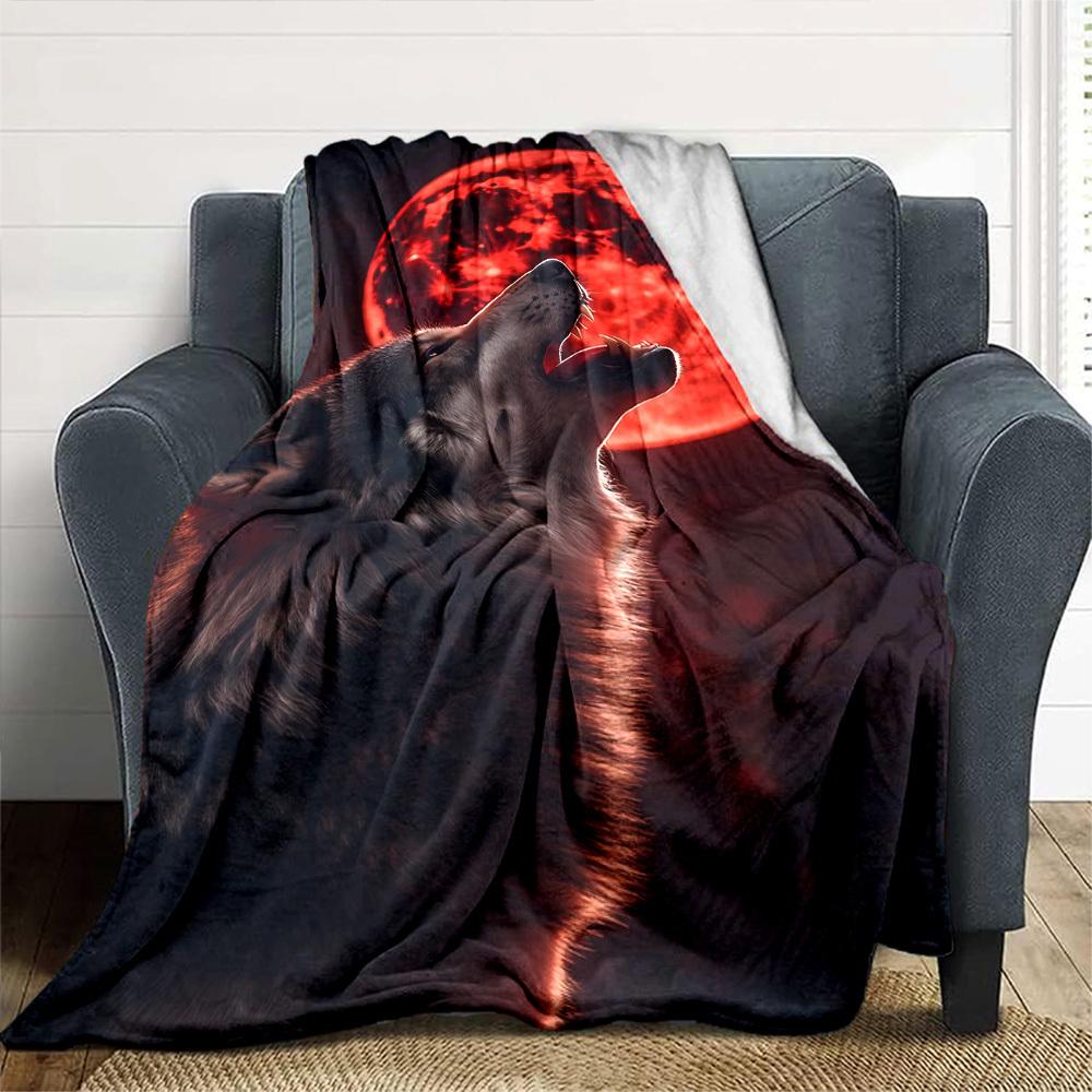 1pc Wolf Howling Moon Throw Blanket Soft Flannel, Cozy All Season Polyester Perfect for Home, Office