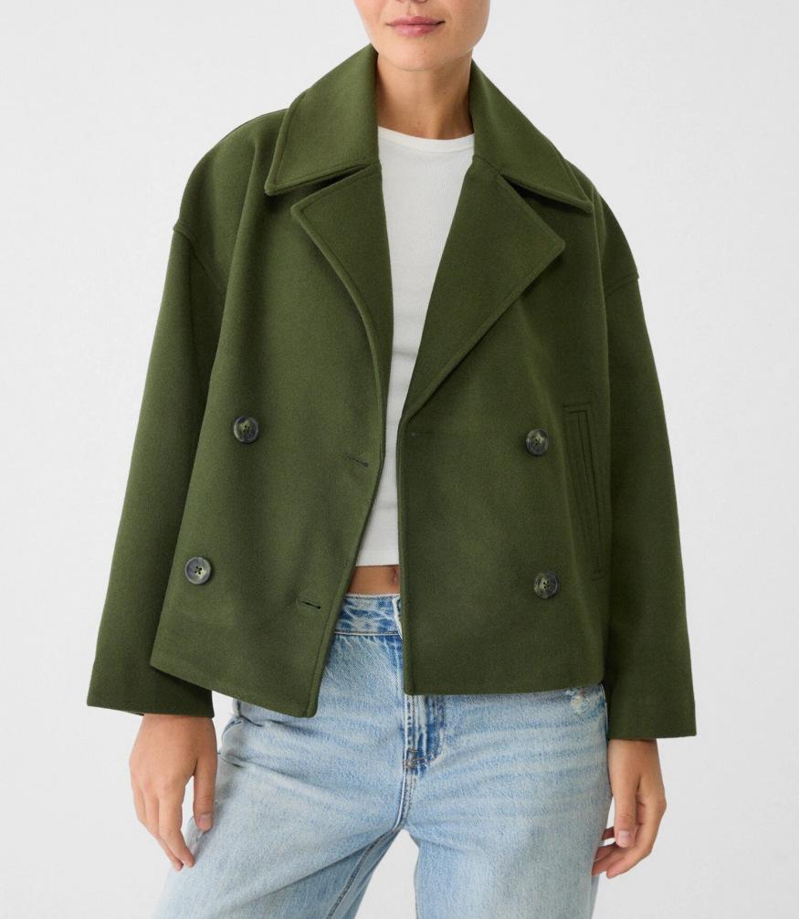 Light Beige Short Double Breasted Trench Coat with Wide Lapel