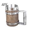 Edelstahl Bierbecher Holzfass Becher, 600ml Einsatz Stein, Eichenoptik Becher Rustikales Humpen für Kneipe Heimbar Party Geschenk Fußballspiele