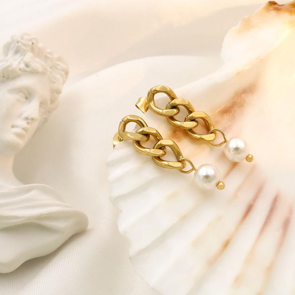 Fashion Titanium Steel Cuban Chain Pearl Earrings High Sense Light Luxury Medium Antique Jewelry Earrings