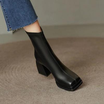 2025 Kwadratowe Niskie Obcasy Modne Botki do Kostki Skóra PU Casual Krótkie Buty Kwadratowy Nosek Zamek Zimowe Buty Damskie Rozmiar 34-39 Botas