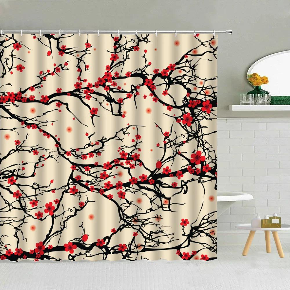 Plum Blossom Bathroom Shower Curtain Waterproof Curtains for the Home Folding Partition Accessories Bath Bedrooms Houses RoXT6