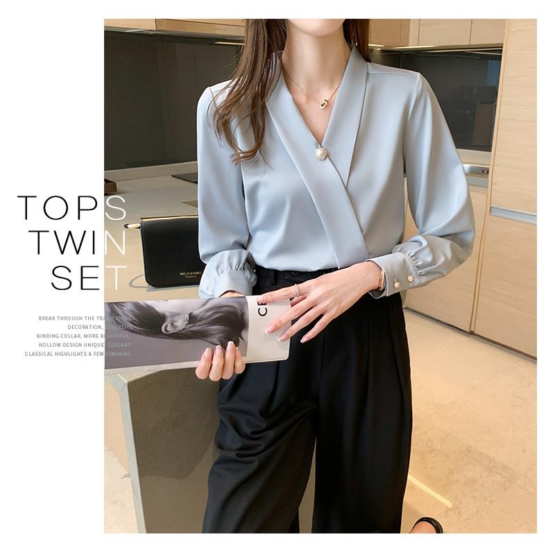 New Spring and Autumn Elegant Pearl Decorated Silk Satin High-End V-Neck Chiffon Blouse for Women