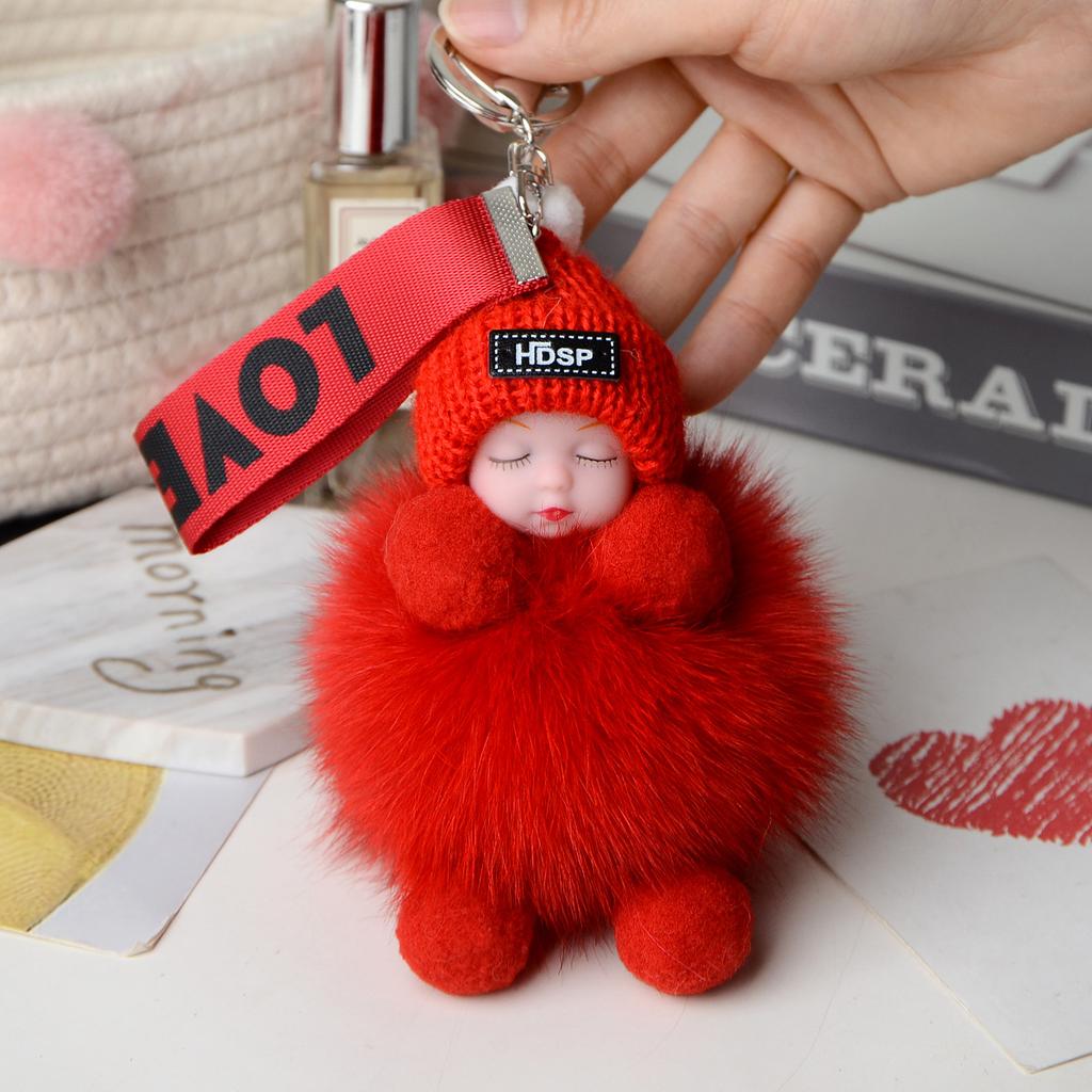 Pompom Sleeping Baby Keychain Cute Fluffy Plush Doll Keyholder Women Girl Bags Keyrings Cars Key Ring Gift Charming Decoration
