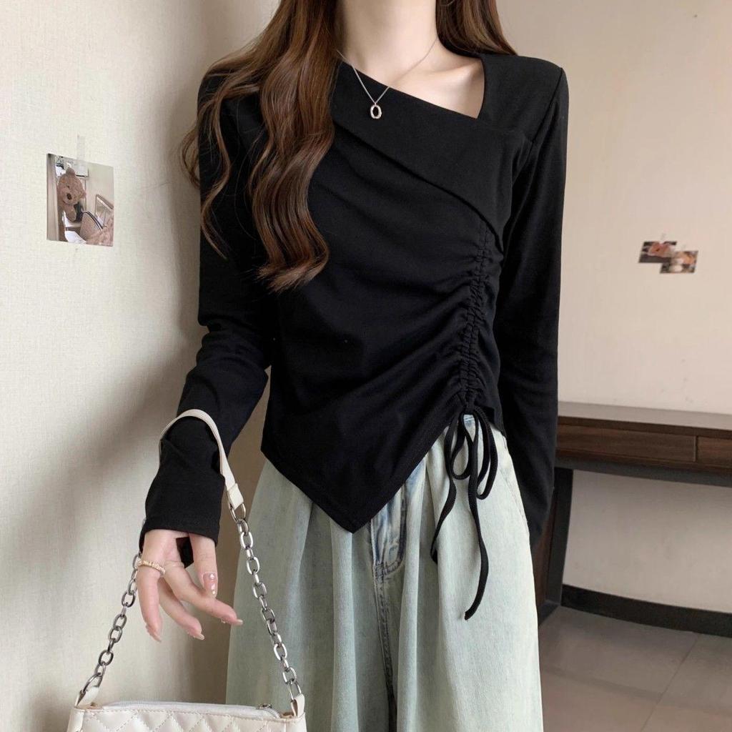 Women's Plus Size Irregular Drawstring Long Sleeve T-Shirt - Slimming Autumn 2025 Base Layer Design