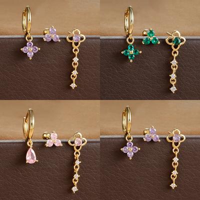 3 STUKS Nieuwe Groene Zirconia Bloem Hoepel Oorbellen Set voor Vrouwen Luxe Roestvrij Staal Piercing Oorbel Vrouwelijke Mode Sieraden Cadeau BFF
