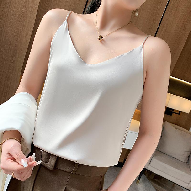 Women's Sleeveless Satin Camisole V Neck Elegant Tank Top Solid Color Casual Backless Layering Cami