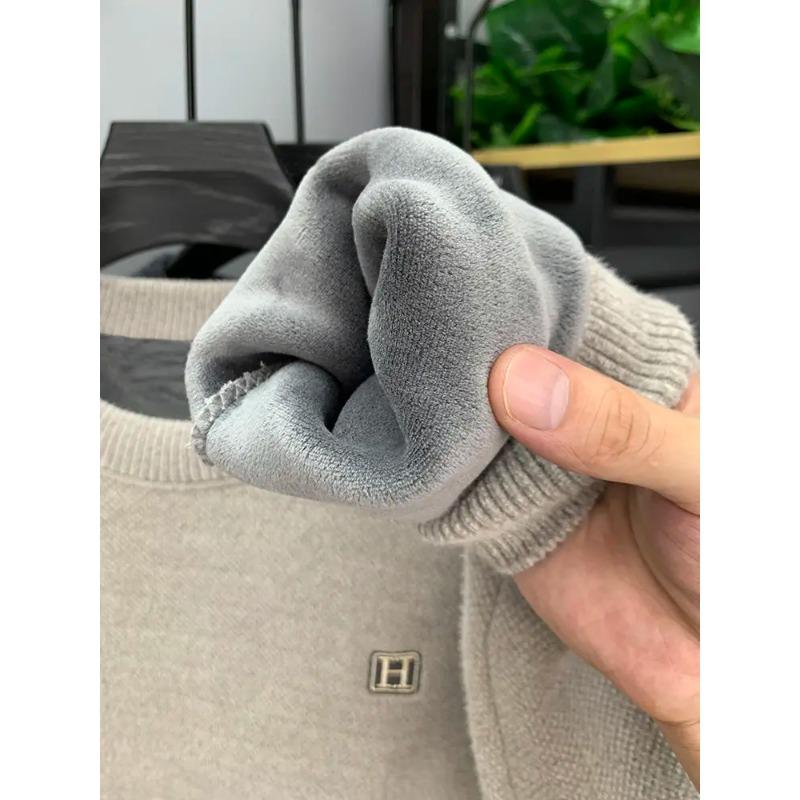 Winter Men's Warm Fleece Sweater O-Neck Embroidered Casual Knitted Inner Lap Pullovers Thick Thermal Underwear Sweater