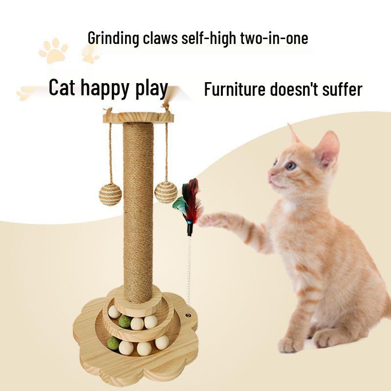 Vertical Cat Scratcher Tree with Teasing Stick and Nail Sharpening Toys for Self-Entertainment