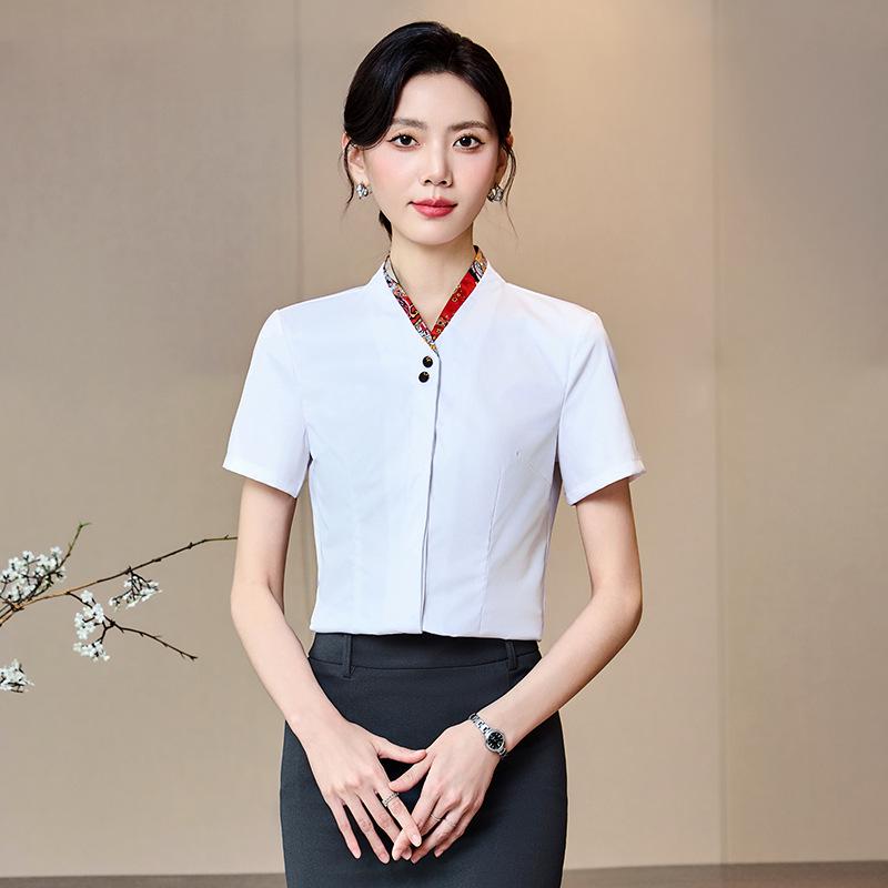 Women's Short-Sleeve Summer White Shirt - Formal, Waist-Hugging Workwear for Jewelry Store Front Desk