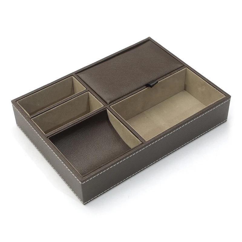 Men's Valet Tray Desktop PU Leather Wood Tray Organizer Jewelry Box Nightstand Organizer For Phone Keys Wallet Glasses Multifun