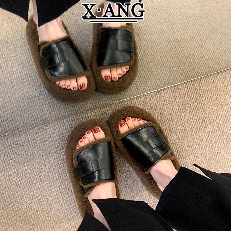 High-end lamb fluffy thick-soled slippers for women to wear autumn and winter new cotton slippers fluffy shoes