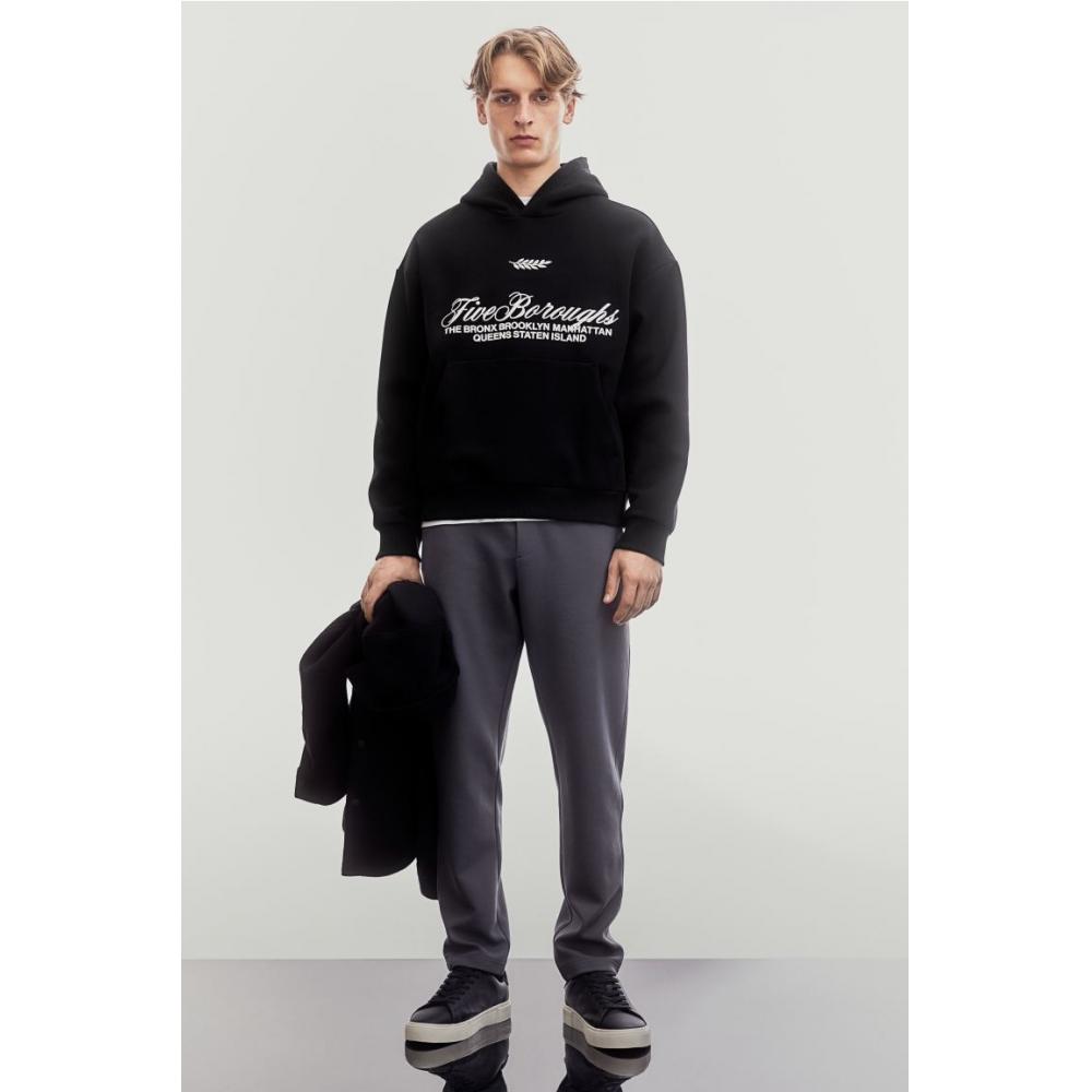 H M Loose Fit Printed Hoodie Black Five borougHs