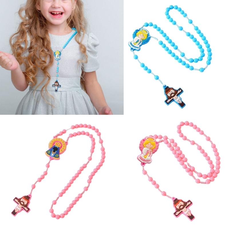 2 Pack Religious Gift Set for Catholic Children Prayer Beads Rosary Necklace Including Medals and Crosses Pendant Charm