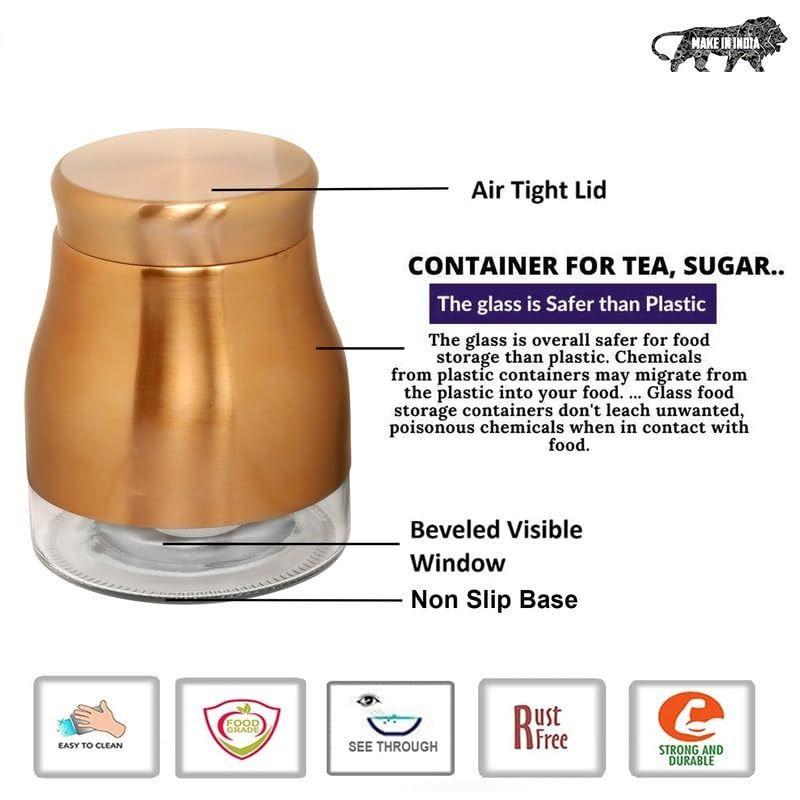 Rose Gold Finish - Bell Bottom Glass Jars for Sugar,Cereal, Spices, Pulses and other Kitchen Storage 880ml, Set of 2