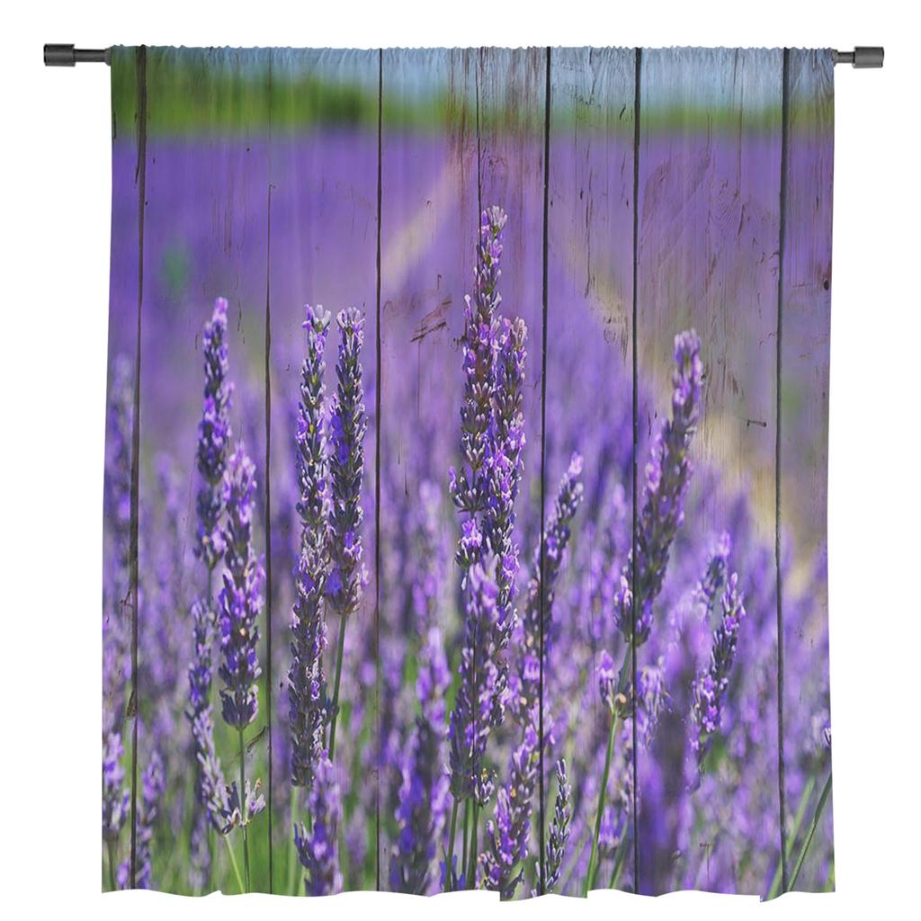 Purple Lavender Flowers Wooden Texture Chiffon Sheer Curtains for Living Room Bedroom Decor Window Voile Tulle Curtain Drapes