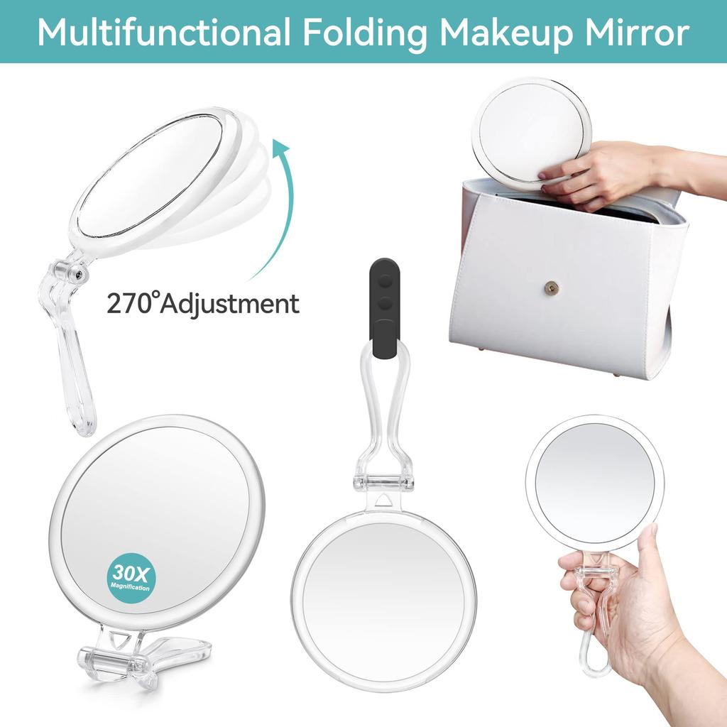 makeup mirror with 30x magnification and 1x stand and hand and easy to round Double-sided magnification, mirror, lightweight, compact, carry,
