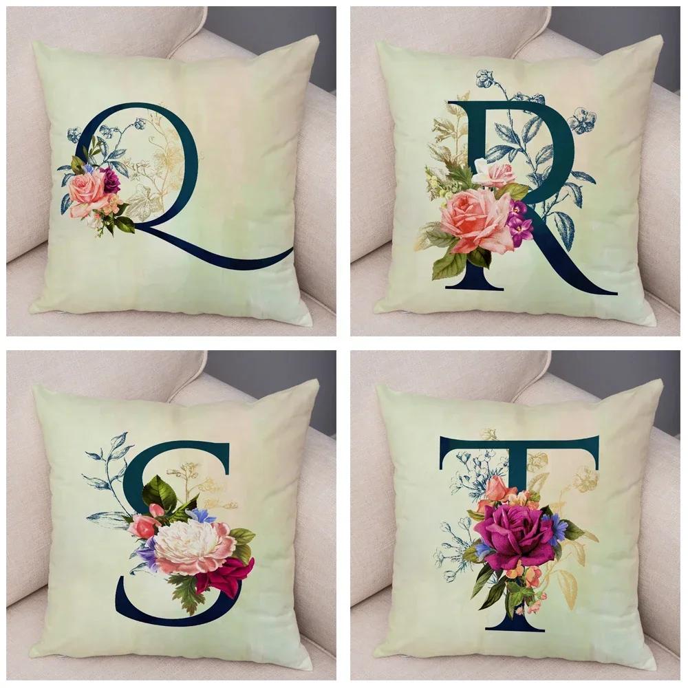 English Flower Beige Letter Print Pillow Case for Sofa Home Decor Floral A-Z Cushion Cover Soft Short Plush Pillowcase 45x45cm
