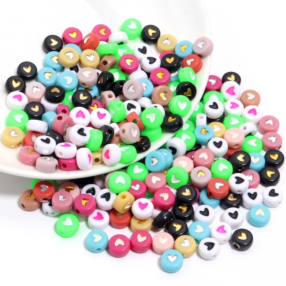 100pcs/lot 7mm Acrylic Heart Beads Flat Round Colorful Loose Spacer Beads For Jewelry Making DIY Necklace Bracelets Accessories