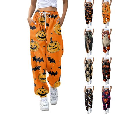 Calças Esportivas Casuais de Cor Sólida com Cordão na Cintura Soltas para Moda Feminina Halloween