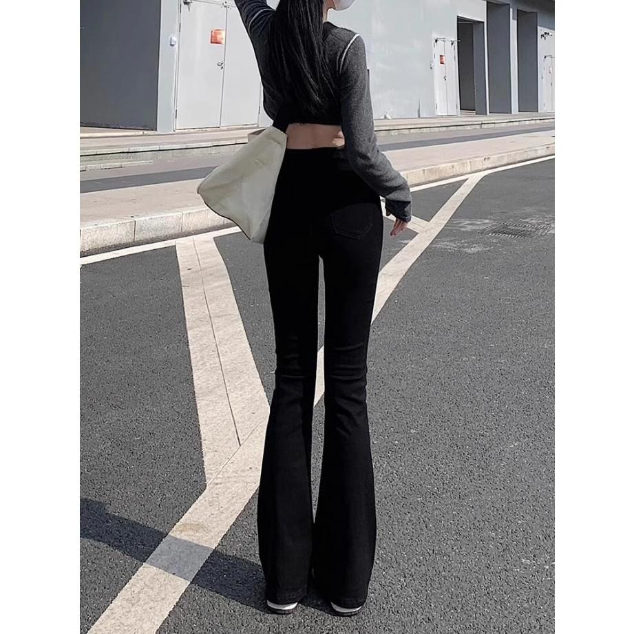 Women's Korean Style Black Micro-Flared High Waist Stretch Jeans