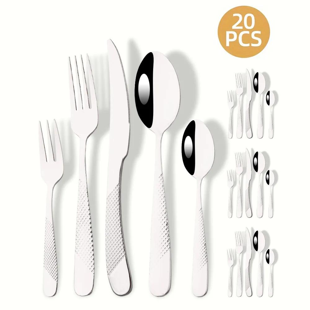 

20 предметов из нержавеющей стали столовые приборы набор столовых приборов ужин золотой столовый набор нож для стейка вилка для фруктов ложка кухонный набор столовых приборов серебряный