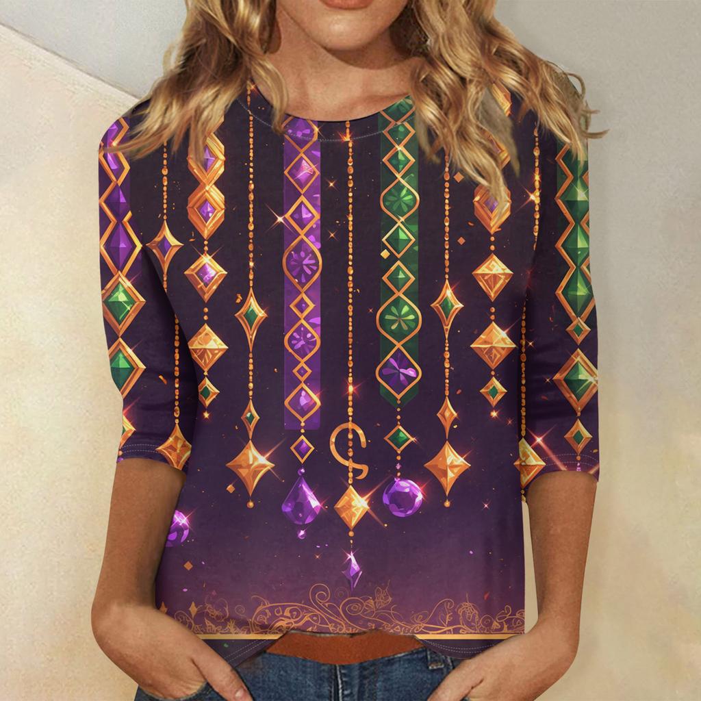 Ladies' Carnival Printed Fashionable Casual Seven Sleeve Round Neck Top
