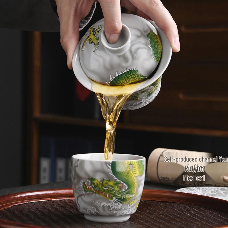 Retro Three-Piece Blue Dragon Ceramic Gaiwan Tea Set