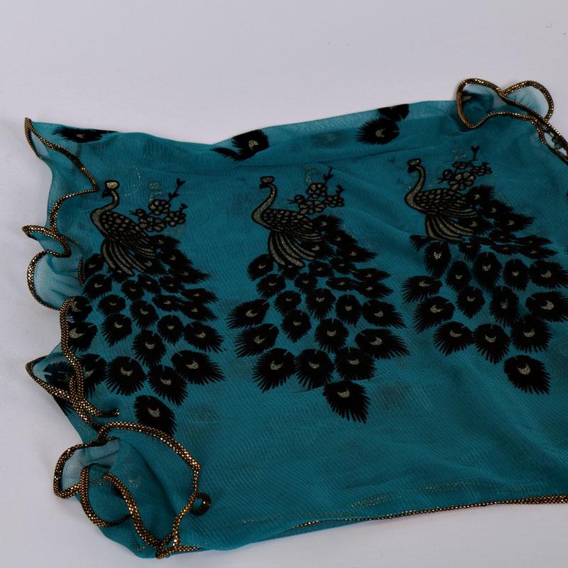 Peacock Plush Breathable Long Scarf with Gold Foil and Lace Edging for Women