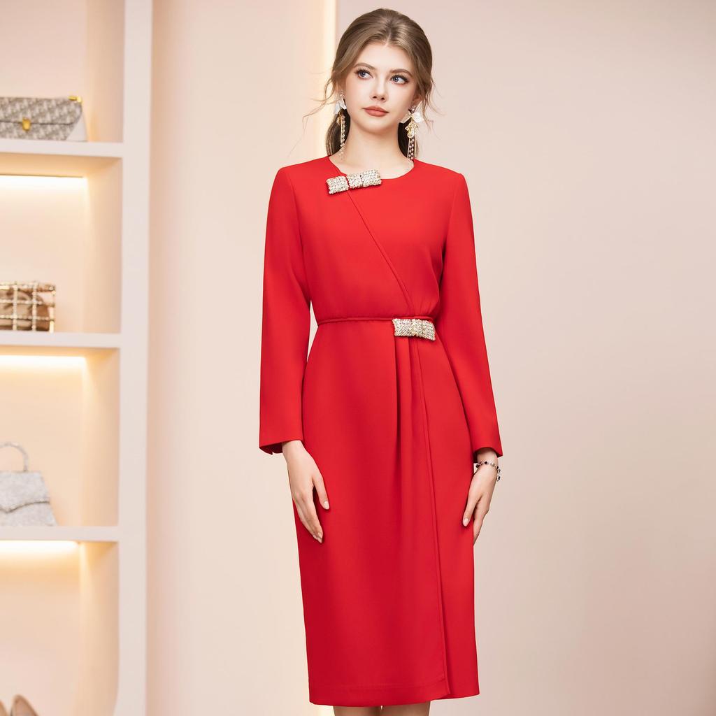 Zhi Li's Red Rhinestone Embellished High-Waisted Midi Dress for Special Occasions - Spring 2026 Arrival