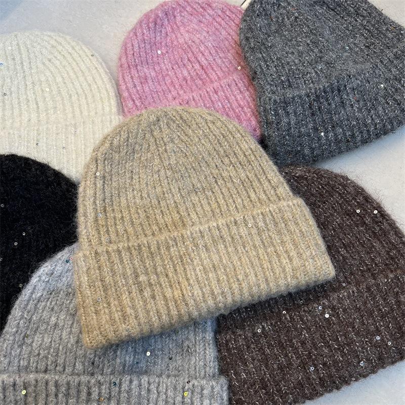 Simple Wool-blend Knitted Wool Hat Women's Fashionable Silver Sequined Ear Protectors Warm Cold Hat