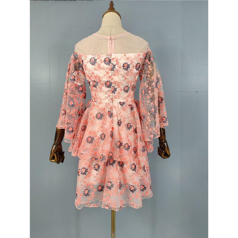 Export Single Lady Mesh Embroider Flower Pink Perspective Fashion Sweet 3/4 Flare Sleeve Special Dress