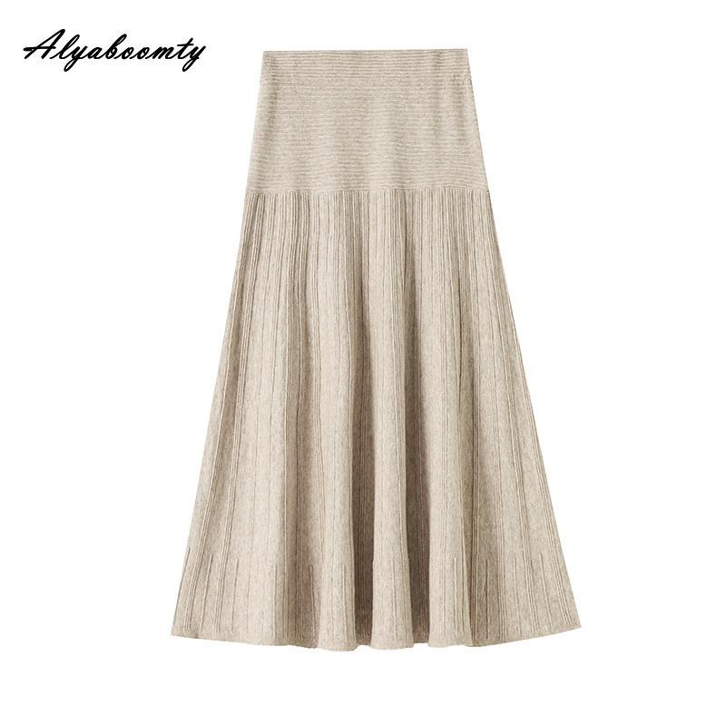 Korean Fashion Autumn Winter Women Pleated Skirt High Waist Beige Black Knitting Skirt Knitted Elegant Feminine Warm Skirts Womens
