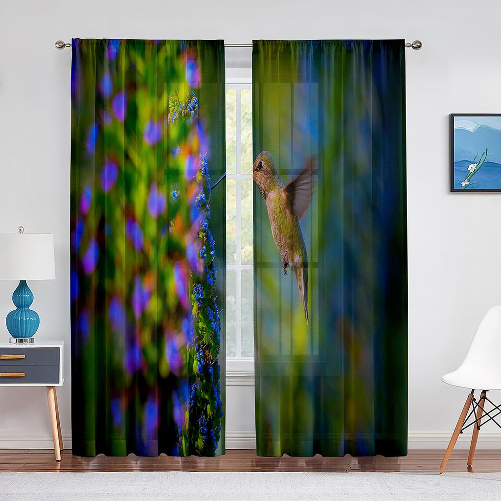 Cortina transparente de beija-flores e flores de primavera para sala de estar, quarto, decoração para casa, suprimentos para janelas, cortinas de tule de chiffon estampadas