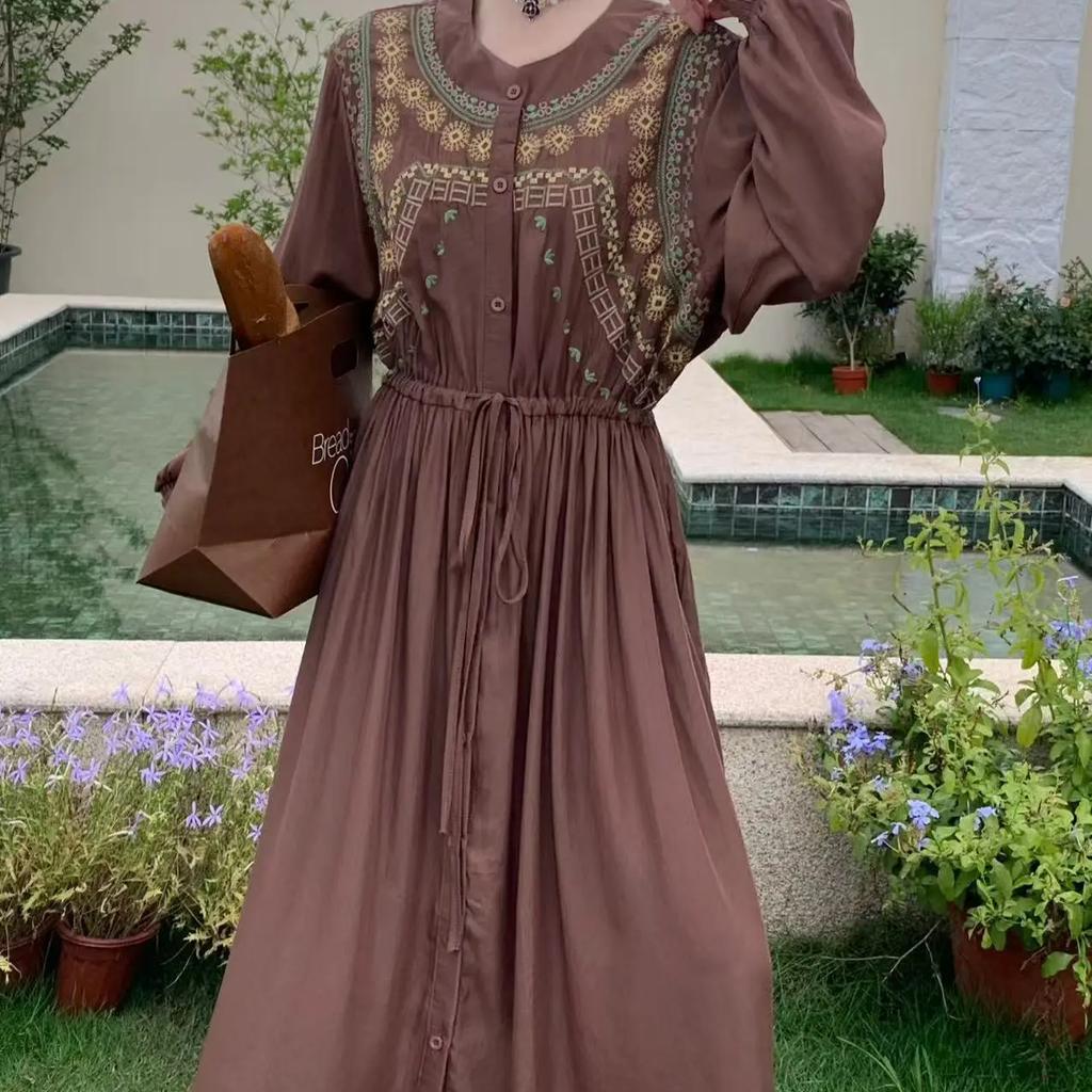 Vintage Zelený Župan s Dlouhým Rukávem Podzimní Novinka O-Výstřih Výšivka Společenské Šaty Design se Stahováním v Pase Rovný Střih