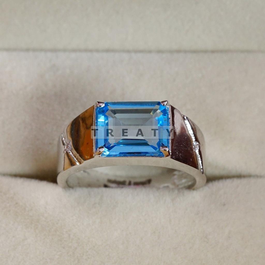 Blue Topaz Emerald Cut Gemstone With 925 Sterling Silver Ring For Men's #B740 JL375692829771