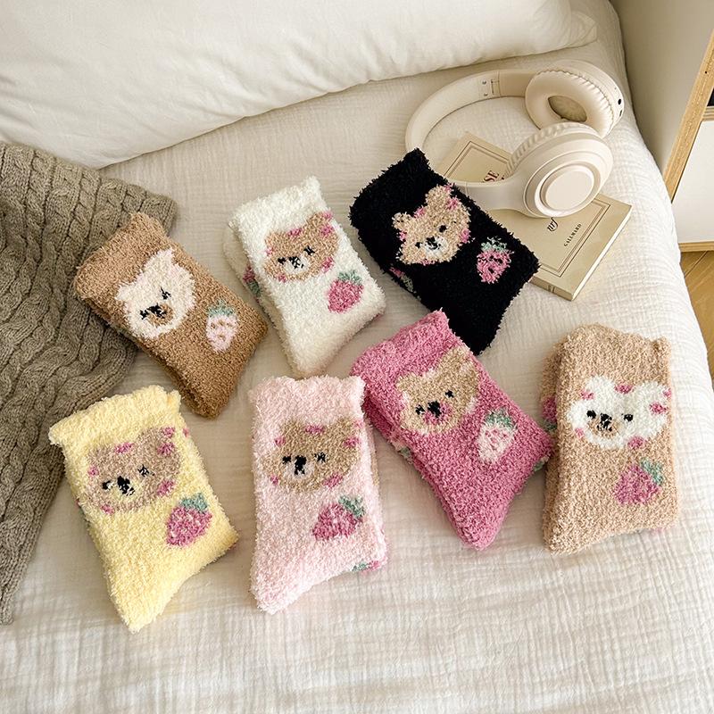 Fashion Coral Fleece Women Socks Warm Home Floor Socks Cartoon Strawberry Bear Socks Plush Mid Tube Sleep Socks