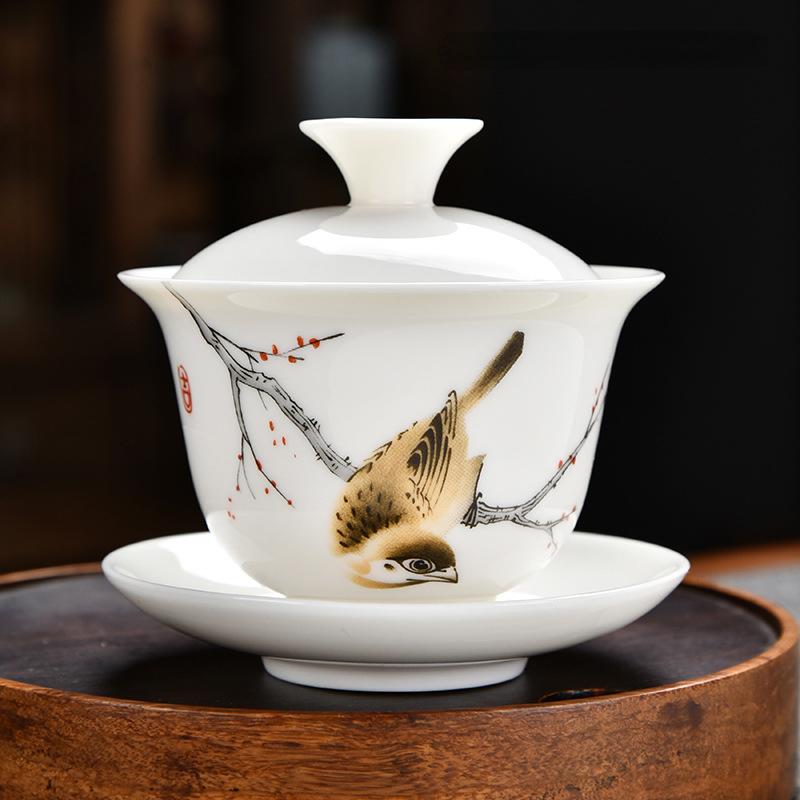 High Quality White Porcelain Gaiwan Gold Painted Cover Bowl Ceramic Tea Cup With Lid and Saucer Ceramic Kung Fu Tea Set Gai Wan