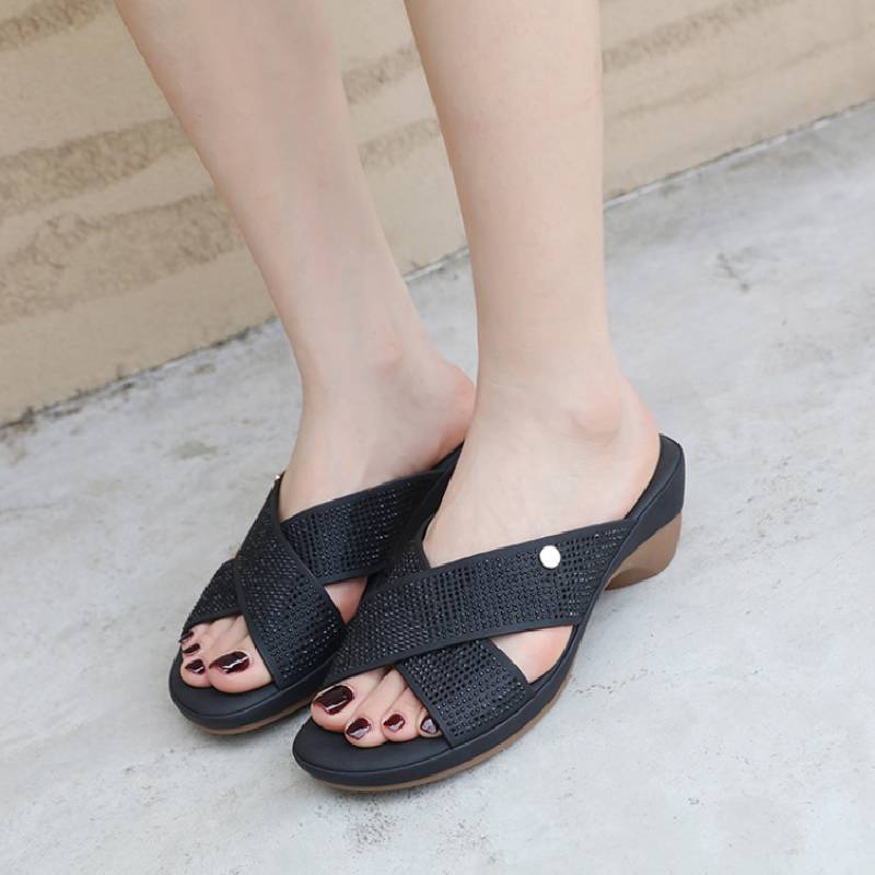 Fashion Spring And Summer Spot Drill Fashionable Heel Exposed Toe Anti-Slip Heel Commuter Sandals Women's Shoes Casual And Versatile