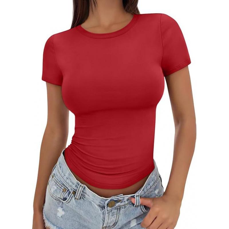 Kadın Tişörtleri Kısa Kollu Seksi Dar Kesim Üst Şekillendirici Sıkı Düz Renk Crop-Top Şık Tişört Yuvarlak Yaka Gömlek Nefes Alabilir