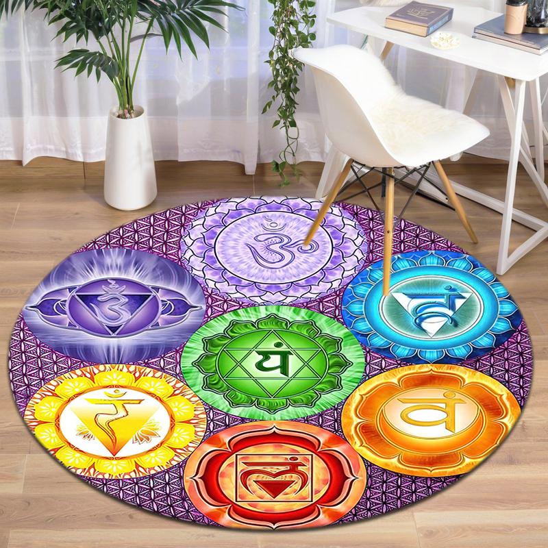 1Pc Chakras Theme Printed Circular Carpet, Home Door Mat, Outdoor Travel Protection Carpet A2