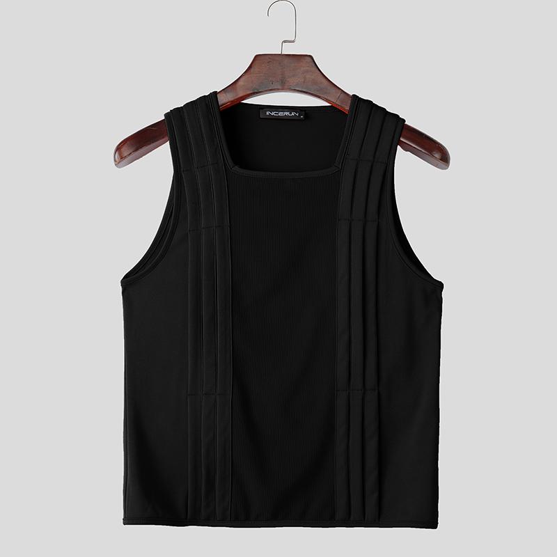 INCERUN Men Summer U Neck Sleeveless Mesh Sheer Stitching Fitted Tank Tops