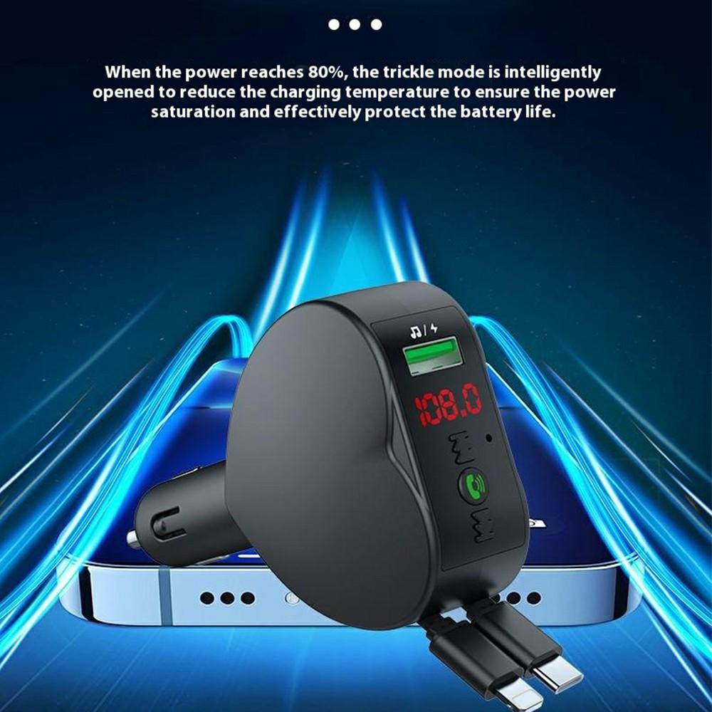 Y2 Car Bluetooth-compatible MP3 Player Voltage Monitor Hands-Free Call Adapter with Type-C + iP Retractable Cables