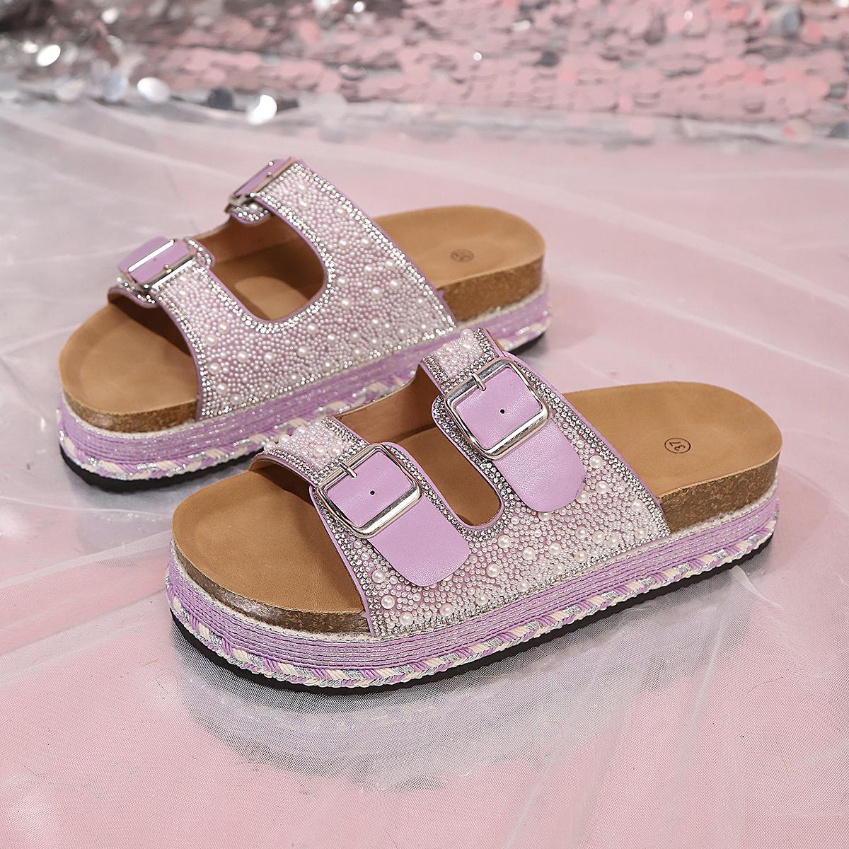 

Summer new foreign trade muffin thick-soled double-buckle rhinestone cork beach one-word slippers large-size women s shoes 43